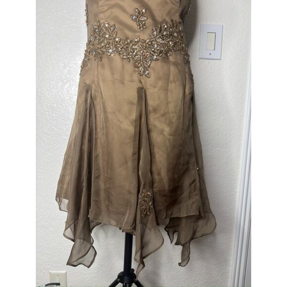 Sheer Beaded Floral Dress Y2K VNeck Asymmetrical Handkerchief Fairy Sequin Hi-Lo - Picture 6 of 12